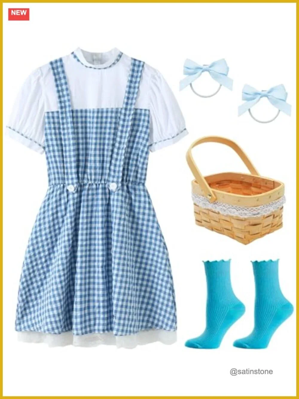 Girls Blue Gingham Dress Halloween Costume with Basket and Socks